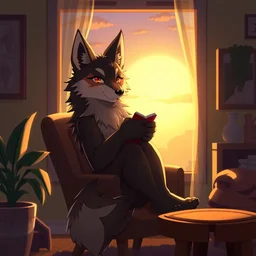 anthropomorphic wolf fursona sitting in a chair at home lit by the sunset, furry art, trending on artstation, digital art, kawacy, trending on furaffinity