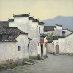 a painting of hongcun ancient village houses by edward hopper and james jean
