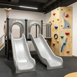 an indoor play area with a slide and climbing wall, concept art by bourgeois, dribble, abstract expressionism, polycount, high definition, parallax