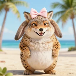 a photorealistic adorable zany girly alluring chubby charming but slightly terrifying fennic fox wolf leopard rabbit hybrid, with long floppy rabbit ears chubby body, wearing a bow on the top of its head, grinning at the camera with a mischievous look, smile with sharp teeth, happy lighting, at a tropical beach