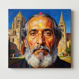 full portrait & / or landscape painting for a wall. old cathedral. close - up. carlos castaneda. contemporary art print. high taste. intellectual / esoteric / mystery. old master masterpiece. world tartaric architecture. visual art, photorealistic. vibrant & fully lit environments ( elements, and characters ). chakra colors, fibonacci. euclid