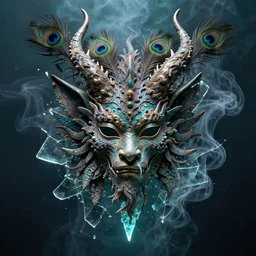intricately detailed dragon priestess mask adorning flowery horns and ancient peacock feathers, liquid smoke, shattered glass, underwater glow, peter mohrbacher, ismail inceoglu, james jean