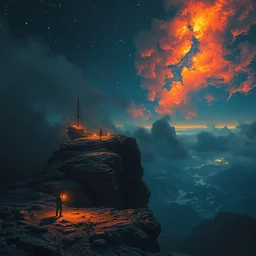 it is lonely at the edge of the world, melancholic, vibrant night sky, warm lighting, cinematic, highly detailed, masterpiece by craig mullins, ruan jia, greg rutkowski, jakub rebelka, caravaggio, syd mead