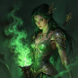 stunning goddess of iron smithing portrait, green fire, smoke, fantasy, intricate, elegant, highly detailed, digital painting, artstation, concept art, smooth, sharp focus, illustration, art by afshar petros and krenz cushart and artem demura and tony sandoval