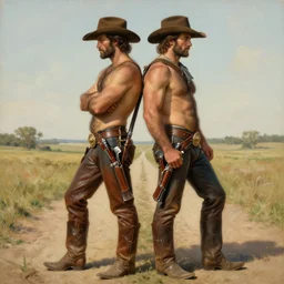 a homoerotic symmetrical painting by clyde aspevig, greg rutkowski, gaston bussiere, j. c. leyendecker of attractive hairy gunslinger and handsome cowboy, they are in love standing back to back | bandoliers, shirtless, leather pants | natural lighting, path traced, highly detailed, high quality, trending on artstation