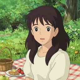 portrait of a woman having a picnic in a lush park, cute face, highly detailed, cel shading, digital painting, anime key visual, artwork by ilya kuvshinov and hayao miyazaki and alphonse mucha