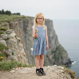 a little blond bespectacled girl standing on a cliff with a flower in her hand