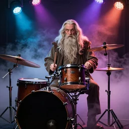 gandalf drumming in a funk band, playing drums, fog machine, colored spotlights
