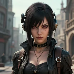 a film still portrait of a confident butcher dieselpunk diesel assassin woman, finely detailed features, closeup at the faces, perfect art, at an ancient city, gapmoe yandere grindark, trending on pixiv fanbox