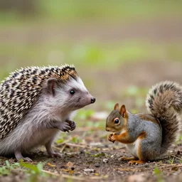 a photo of a hedgehog talking to a sad squirrel.
