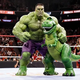 hulk hogan body wrestling barney the dinosaur, photo shot from WrestleMania 9