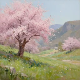 an inhabited valley with tree in flower. wind blowing petals. full - length, oil painting in a modern style, very detailed, painted by caravaggio, greg rutkowski, sachin teng, thomas kindkade, alphonse mucha, norman rockwell, tom bagshaw.