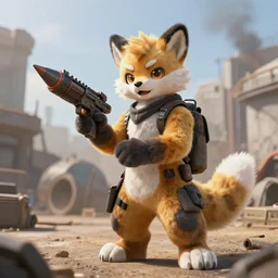 a furry holding a rocket launcher in a battlefield, photograph