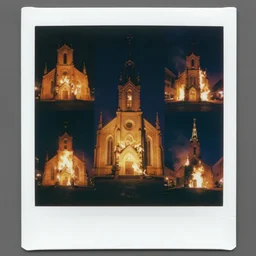 surrealist collage art of polaroid photographs of burning churches at night
