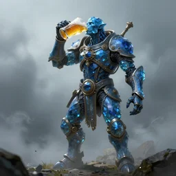 blue crystal golem drinks beer, beer, glass, steampunk, beer mug in hand, intricate, triumphantly, foggy background, full body art, dark souls, drawing, concept art, artstation, digital painting