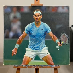 a painting on a stand of tennis player nadal