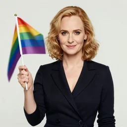 JK rowling holding a bisexual flag