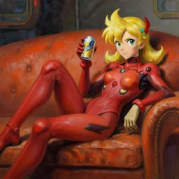 old sci - fi oil painting of zero suit samus relaxed on a couch with a can of beer