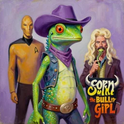 oil painting portrait of a cowboy lizard person, a gorn from star trek, a snake oil salesman wearing a blonde wig in a movie poster for a movie called gorn on the bull horn girl, purple green color scheme