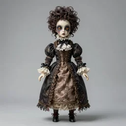 tall creepy victorian doll by dino valls, beautiful detailed face, weird unique design, strange clothes, reference sheet, white background