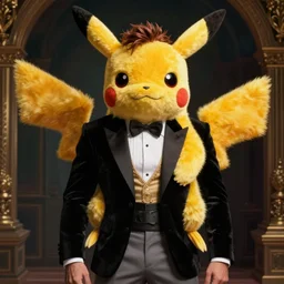 elegant man dressed up as mortal kombat pikachu, art photo by Annie Liebovitz and Alphonse Mucha