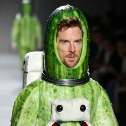 green slimy spotty, astronaut, benedict cumberbatch face, costume, cucumber, human head. catwalk