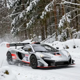 a 2 0 1 1 mclaren mp 4 - 1 2 c gt 3, racing through a rally stage in a snowy forest