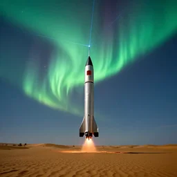 the rocket ship on the silk road, laser falling from the sky, aurora borealis in the sky