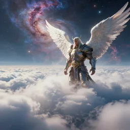 cloudscape by adam paquette, nebula gasses in the background by gene raz von edler, big fantasy warrior with angel wings by donato giancola, rendered in cryengine, cinematic, highly detailed