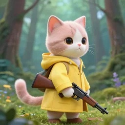 portait of a cute humanoid cat soldier wearing a yellow raincoat, venturing through a dense forest, carrying a rifle. realistic 4 k octane render, epic composition, magical atmosphere, ultra hd, masterpiece by pascal campion and anton fadeev, trending on artstation, looking back over shoulder, pastel colors, extremely detailed, gorgeous