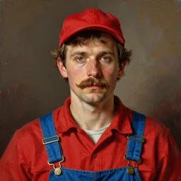 a portrait of a man with a mustache wearing a red shirt, blue overalls, and a red cap, art by peter mohrbacher, photorealism, digital illustration, ornate details,