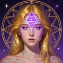centered head and shoulders portrait of a girl with glowing purple third eye chakra and golden hair, geometric third eye triangle, sci - fi face, sacred geometric mandal background, breathtaking stars, elegant, highly detailed, digital painting, artstation, concept art, smooth, sharp focus, illustration, art by artgerm and greg rutkowski and alphonse mucha, psychedelic