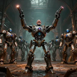 a robot mad scientist overlord laughing maniacally with raised arms, standing in front of a menacing robot army inside a huge rusty warehouse, raygun gothic, atomic punk, digital art, octane render
