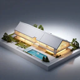 architectural model, isometric view, 3 d render, studio lighting, low contrast, brightly lit studio, highly detailed, a thick house with long triangular plan and large windows, mansard roof, post - modernism, high tech, pool, tree