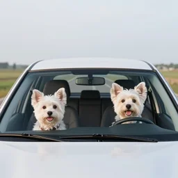 a car with two cute dogs in the front seats, a happy dog in the back seat, driving on a country road, photorealistic