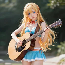 a very beautiful young yuuki asuna playing guitar, full body, long wavy blond hair, sky blue eyes, full round face,, bikini, miniskirt, front view, mid - shot, highly detailed, cinematic wallpaper by stanley artgerm lau