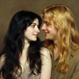 black haired woman and man with long blond hair and smiling, john william waterhouse, soft lighting, romantic, love