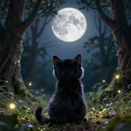 a stunning ultra detailed fantasy fine art photo of a black cute kitten looking at a full moon in a sinuous forest with fireflies, by tomasz alen kopera and wlop, back view, night, very detailed, shallow depth of field, 8 5 mm lens, soft lighting, artstation, highly coherent, 8 k