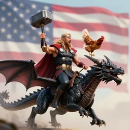 a photo of thor with the hammer riding a black dragon while being penetrated by a hen in the mouth, american flag in the background, raytracing, fantasy, soft colors
