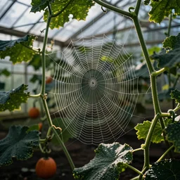 A spiderweb in a greenhouse with pumpkin vines growing through it, Photography