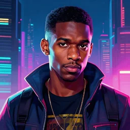 a cyberpunk donald glover as troy barnes from community, short hair, a character portrait, synthwave by art artgerm, cg society contest winner, shock art, sci - fi, artstation hq, speedpainting