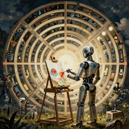 a robot painter standing at his easel, illustrated by h r giger, ultradetailed, hyperrealistic, octane render, symmetric, fibonacci rhythm, artstation, art germ, wlop