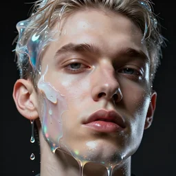 precisionist extreme close up of gorgeous hyperrealistic male head melts like iridescent ice cream, digital art masterpiece, highly detailed neo pop surrealism, jason limon kay sage hannah yata, dramatic lighting, low angle, uhd 8 k, sharp focus