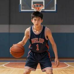 portrait of a boy at a basketball court playing basketball wearing a basketball uniform in a basketball court standing near the basketball hoop, poised, intense emotion, detailed facial expression, detailed surroundings, intricate, elegant, highly detailed, centered, digital painting, artstation, concept art, smooth, sharp focus, illustration, WLOP
