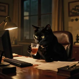 detective cat drinking at his office, zenith view, warm color palette, night time, dramatic lighting, noir film, fine details, high contrast, blacksad, juan diaz canales, juanjo guarnido, greg rutkowski, trending on artstation, 8 k, ultra wide angle