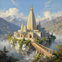 retrofutristic city under kashmir mountains, hill valley grec greeble temple of olympus glory island little wood bridge painting of tower ivy plant in marble late afternoon light, wispy clouds in a blue sky, by frank lloyd wright and greg rutkowski and ruan jia