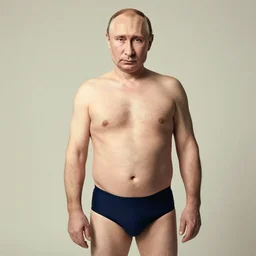 Photo of Vladimir Putin in swimsuit, soft studio lighting, photo taken by Martin Schoeller for Abercrombie and Fitch, award-winning photograph, 24mm f/1.4