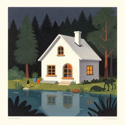 ( ( dither ) ), editorial illustration an organic white stone cozy house next to a lake in a forest at night, colorful modern, mads berg, karolis strautniekas, ( ( christopher balaskas ) ), fine texture, dynamic pose, detailed, matte print, muted color, lomography, dramatic lighting, ( ( risograph ) )