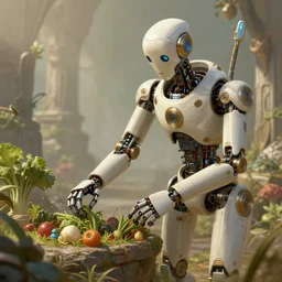 a solarpunk robot harvesting food, photography of kurzgesagt, deep focus, d & d, fantasy, intricate, elegant, highly detailed, digital painting, artstation, concept art, matte, sharp focus, illustration, hearthstone, art by artgerm and greg rutkowski and alphonse mucha