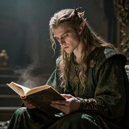 a 1 3 th century, enigmatic, melancholic, fae king ( look like ( ( forthy years old james frain ) ), is ( ( reading an old book ) ). light dust, magnificent, hyperdetailed, theatrical, painted by mandy tsung
